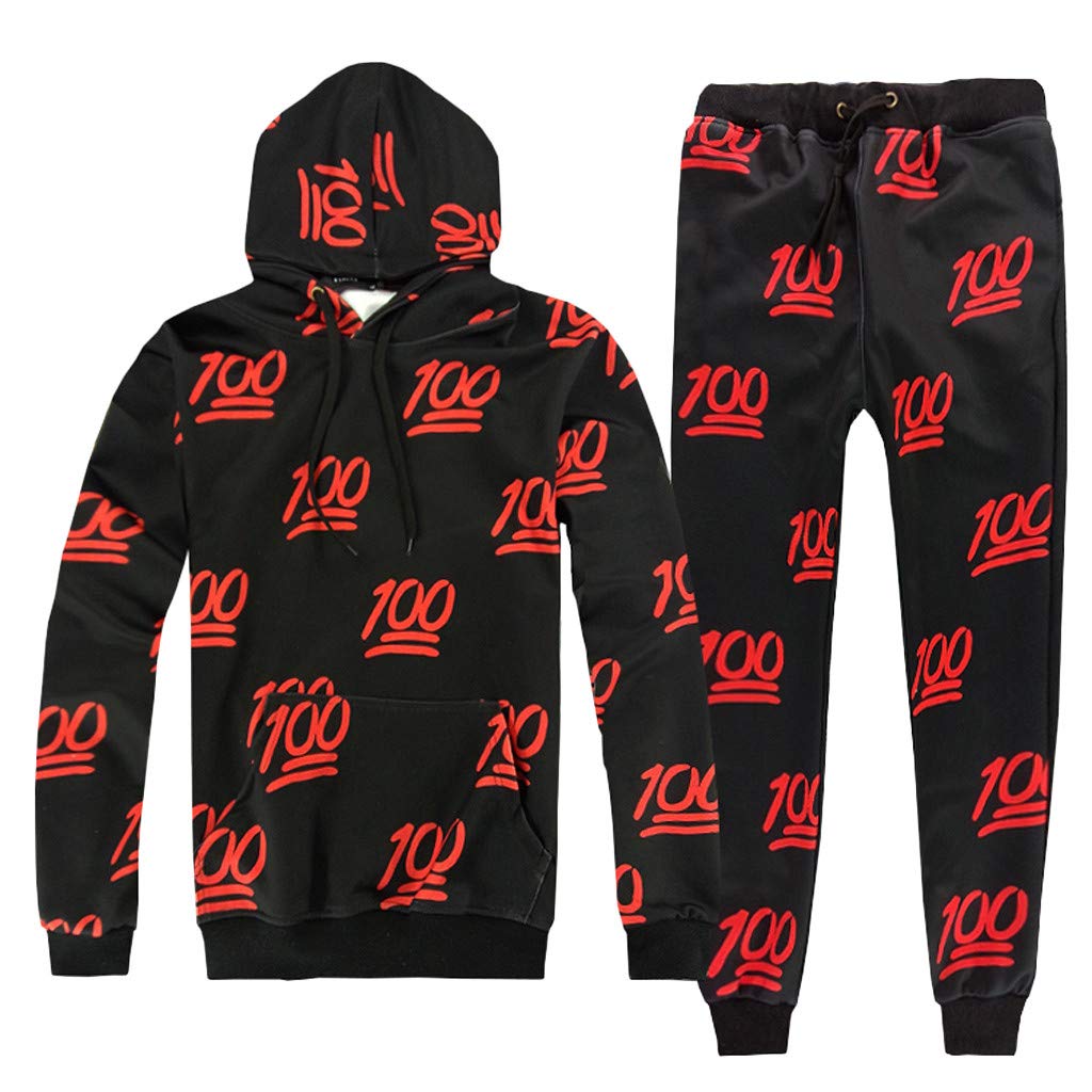 Men's Fashion Jogging Tracksuit Letter Print Sportswear Casual Joggers Sets Hoodie Sweatshirt+Sweatpants Outfits by-Leegor (Large, Black)