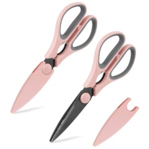 country kitchen set of 2 kitchen scissors-stainless steel kitchen shears, cooking scissors for cutting meat, chicken, herbs and produce with blade cover and soft grip handles - pink