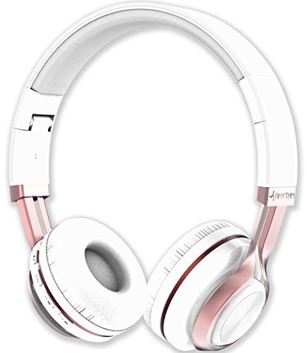 Aduro Resonance Wireless Headphones with Microphone Foldable Over The Ear Headphones with Mic Rechargeable Wireless Headset - White/Rose Gold