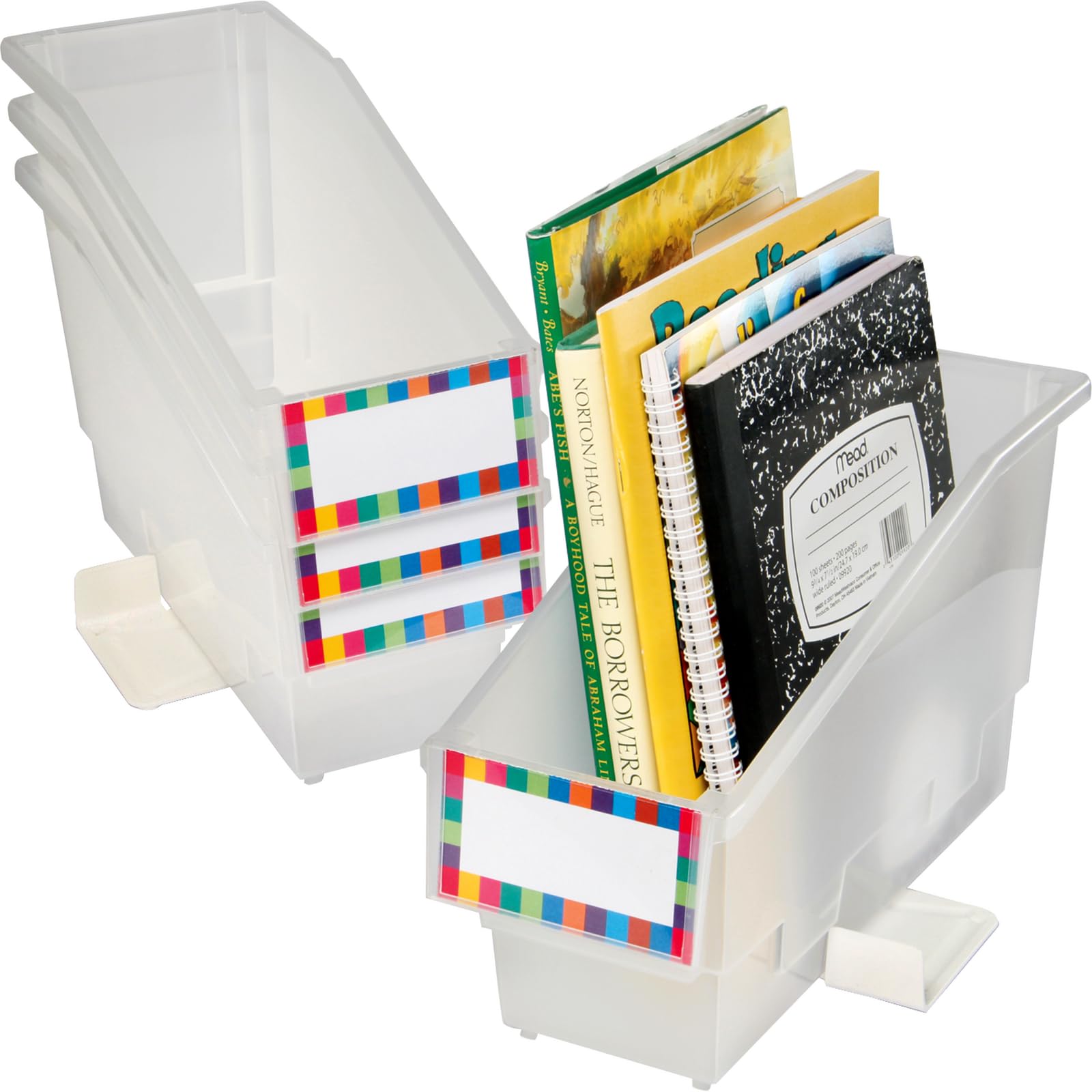 Really Good Stuff Non-Tip Book and Binder Holders with Stabilizer Wings, 5½” by 13½” by 7¾” - Set of 12, Clear | Classroom Organization and Storage Solution