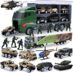 joyin 19 in 1 die-cast army toy truck with little army figures, mini military vehicles in big carrier truck, patrol rescue helicopter for boys 3-9 years old, kids value birthday xmas easter gifts