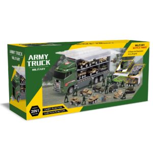 JOYIN 19 in 1 Die-cast Army Toy Truck with Little Army Figures, Mini Military Vehicles in Big Carrier Truck, Patrol Rescue Helicopter for Boys 3-9 Years Old, Kids Value Birthday Xmas Easter Gifts