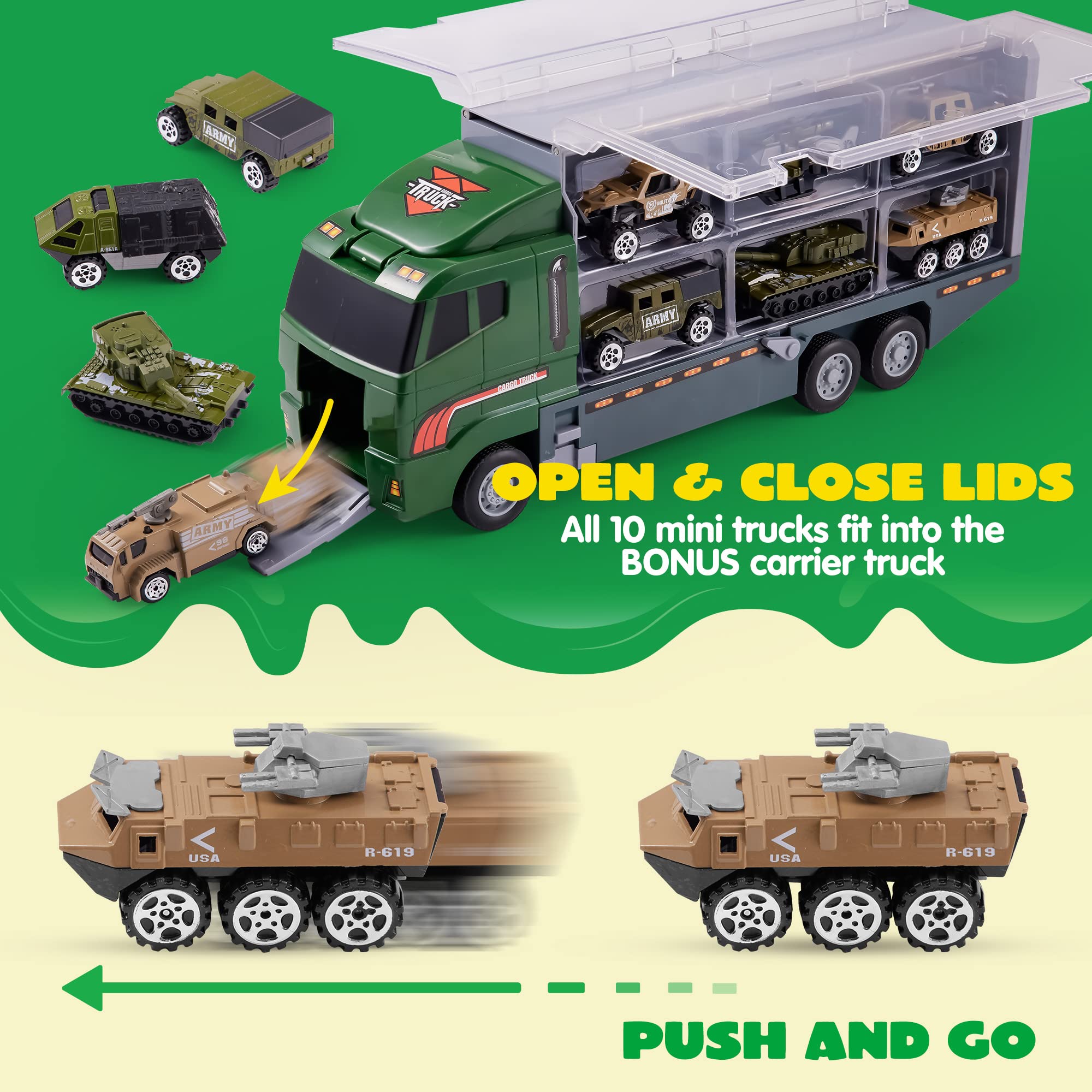 JOYIN 19 in 1 Die-cast Army Toy Truck with Little Army Figures, Mini Military Vehicles in Big Carrier Truck, Patrol Rescue Helicopter for Boys 3-9 Years Old, Kids Value Birthday Xmas Easter Gifts