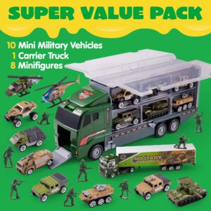 JOYIN 19 in 1 Die-cast Army Toy Truck with Little Army Figures, Mini Military Vehicles in Big Carrier Truck, Patrol Rescue Helicopter for Boys 3-9 Years Old, Kids Value Birthday Xmas Easter Gifts