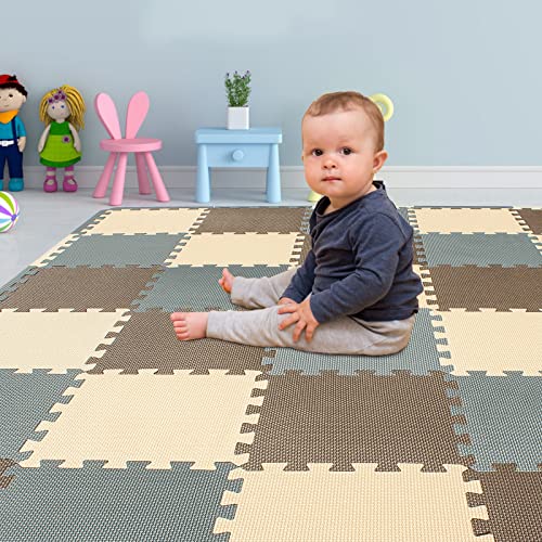 Yostrong® 18 Tiles Interlocking Puzzle Foam Baby Play Mat with Straight Edges for Playing - EVA Babies Crawling Mat | Rubber Floor Work out Mats for Home Gym. Brown, Beige, Gray. YOC-FJLb18S18