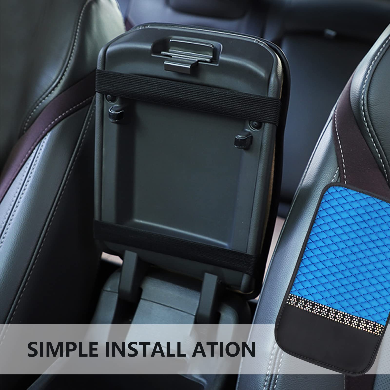 jeseny Pack-1 Car Auto Armrest Cover Pad, Car Central Armrest Case Cover with Glossy Crystal Rhinestone, Universal Car Armrest Cushion Protector (Blue)