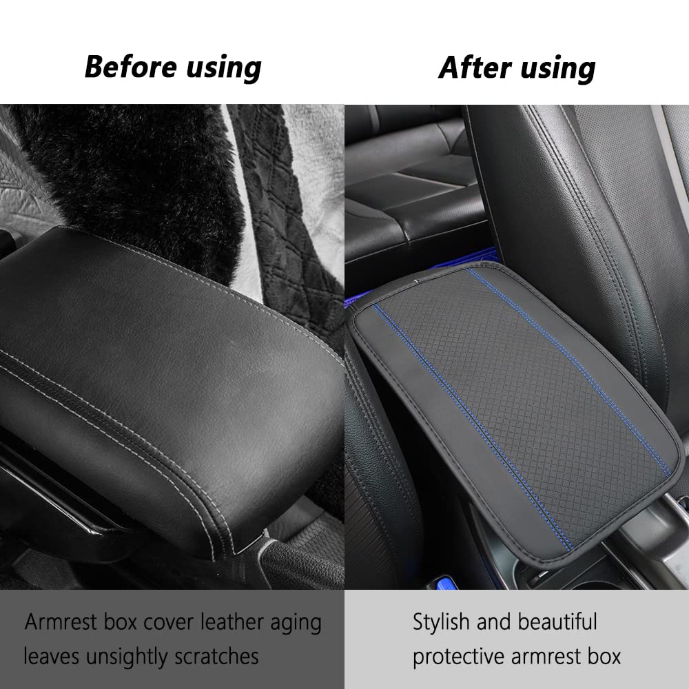 OFBAND Car Four-Season Universal Armrest Box Mat,Fiber PU Leather Embossing,Car Armrest Seat Cover Soft Leather Waterproof Armrest Cover Center Console Mat (Blue)