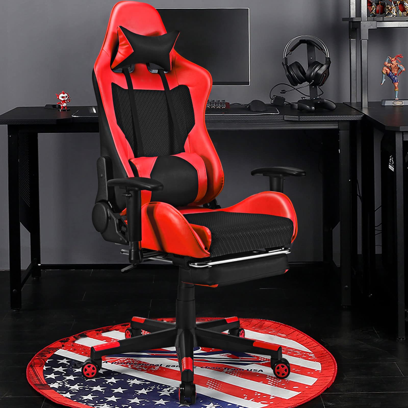 POWERSTONE Gaming Chair - Ergonomic Gaming Chair with Footrest for Women Racing Esports Computer Chair High-Back Massage Leather Recliner Rolling Swivel Chair (Red)