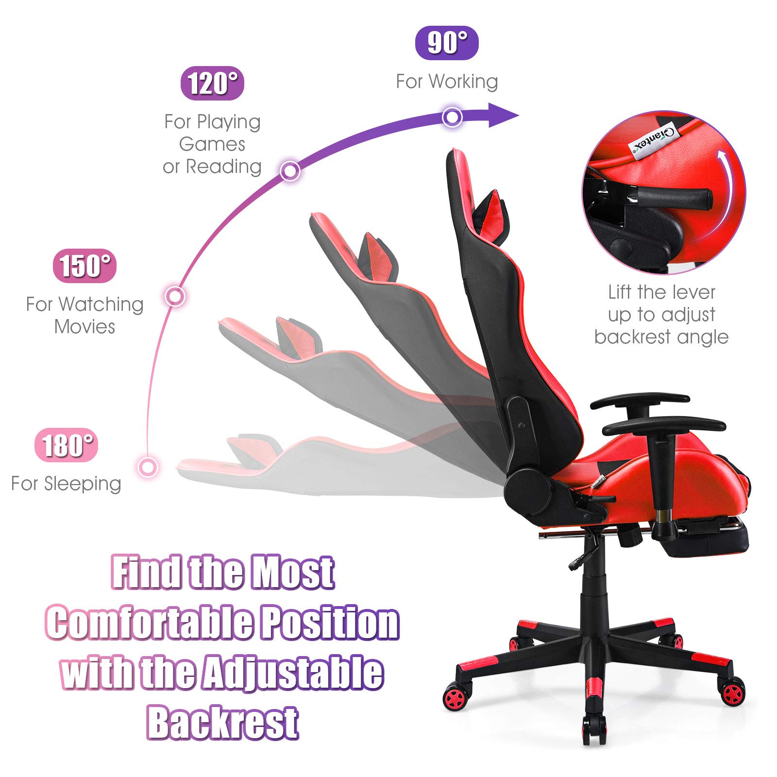 POWERSTONE Gaming Chair - Ergonomic Gaming Chair with Footrest for Women Racing Esports Computer Chair High-Back Massage Leather Recliner Rolling Swivel Chair (Red)