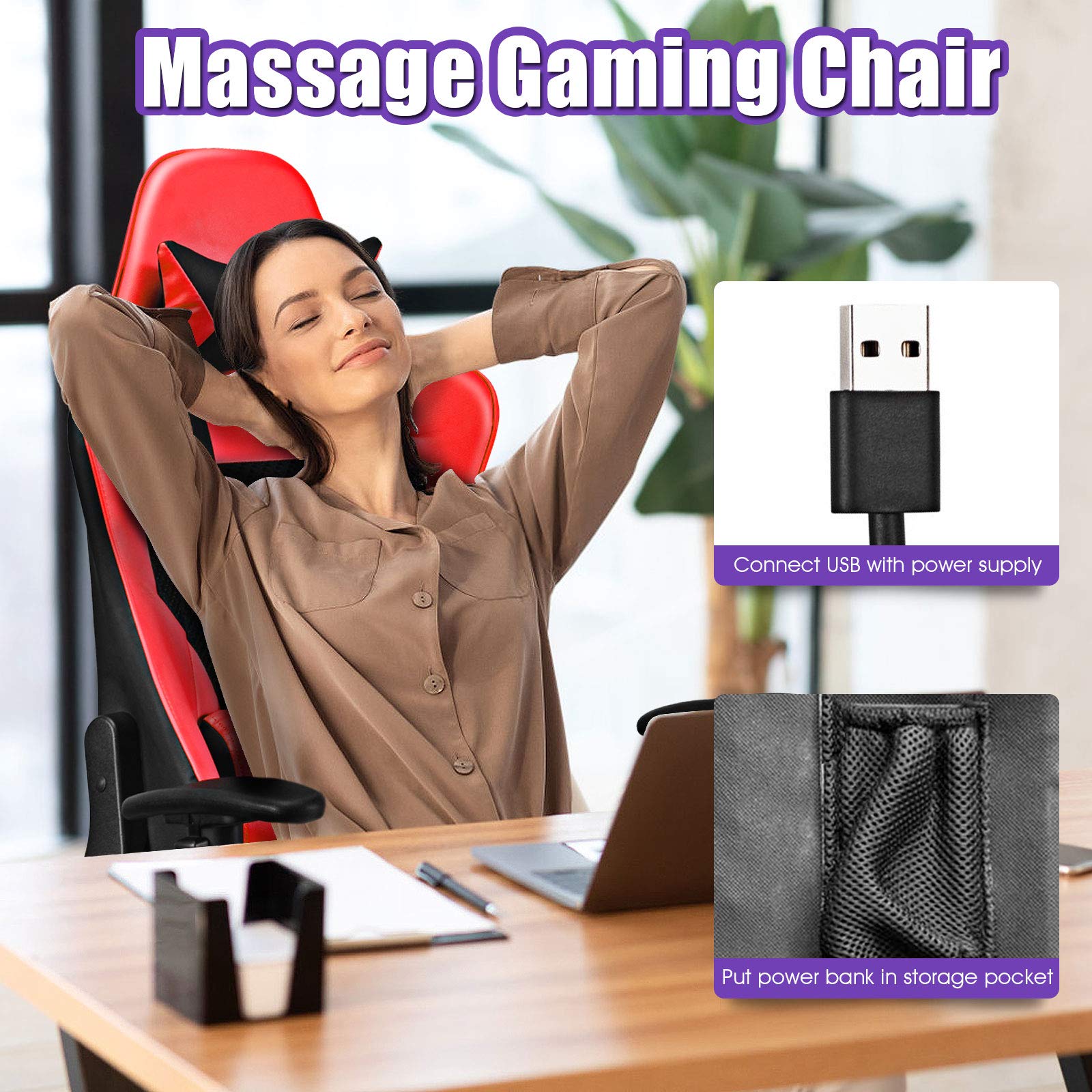 POWERSTONE Gaming Chair - Ergonomic Gaming Chair with Footrest for Women Racing Esports Computer Chair High-Back Massage Leather Recliner Rolling Swivel Chair (Red)