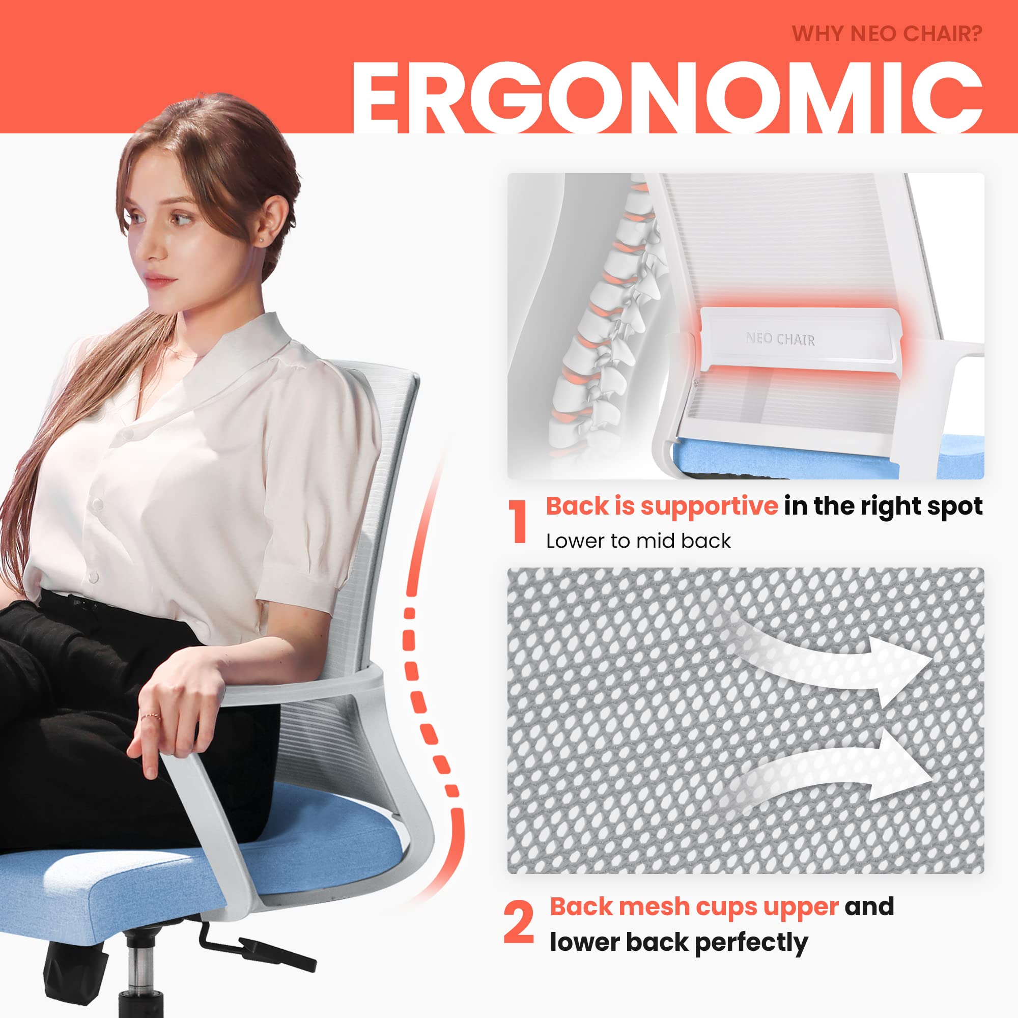 NEO CHAIR Office Chair Ergonomic Desk Chair Mid Back Mesh Computer Chair with Lumbar Support Comfortable Cushion Swivel Adjustable Height Armrest Gaming Chairs for Home Office Desk (Sky Blue)