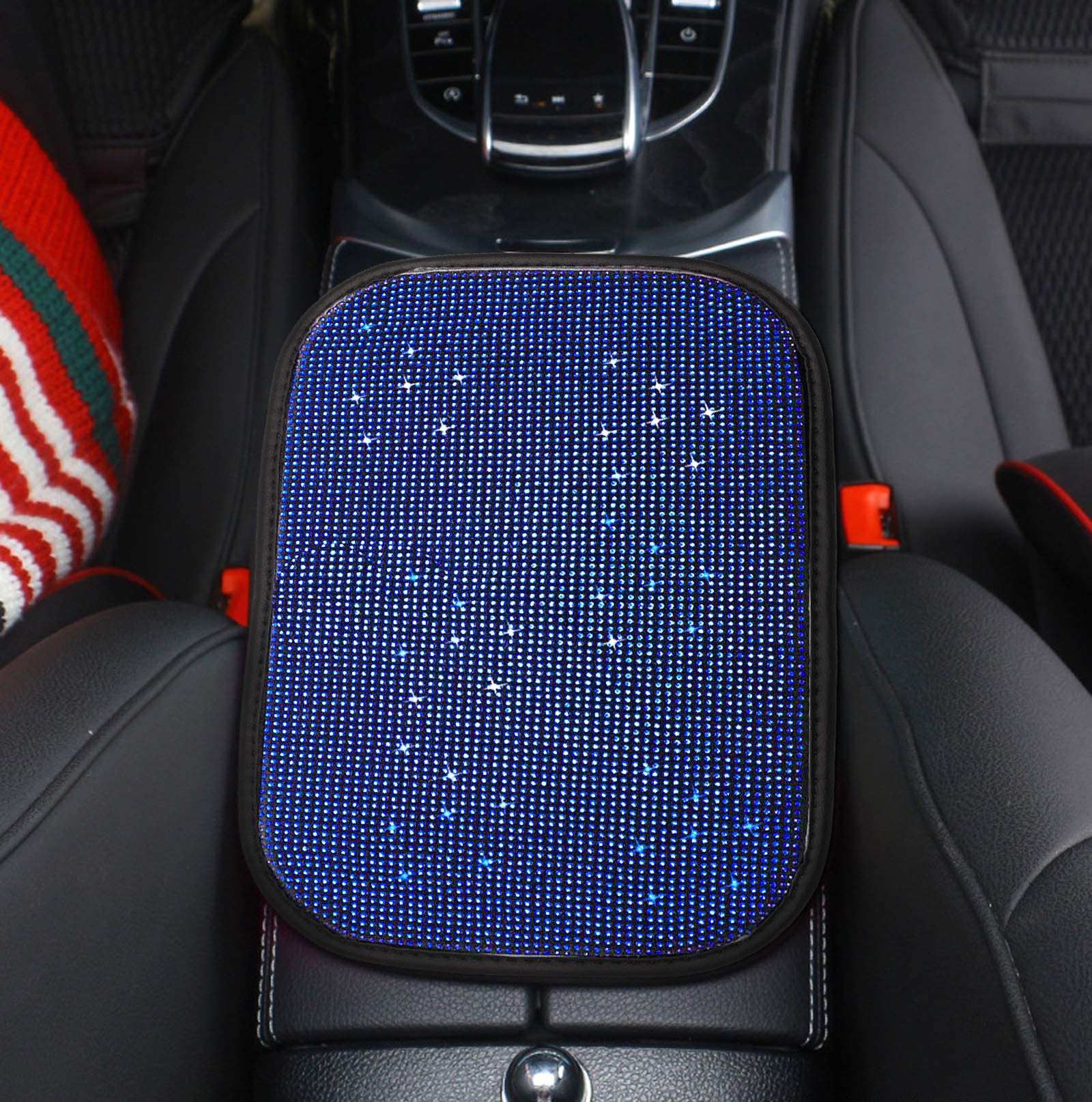 FUNOJOY Car Armrest Cover for Women Blue Diamond Rhinestone Bling Car Accessories Car Decor for Women