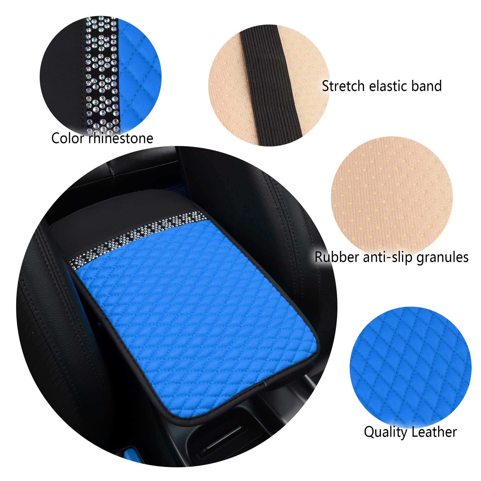 NHHC Bling Leather Car Armrest Box Cover,Car Center Console Protector with Colorful Crystal Rhinestones,Anti-Scratch Waterproof Car Armrest Seat Pad for Most Car,SUVs,Trucks (Blue)