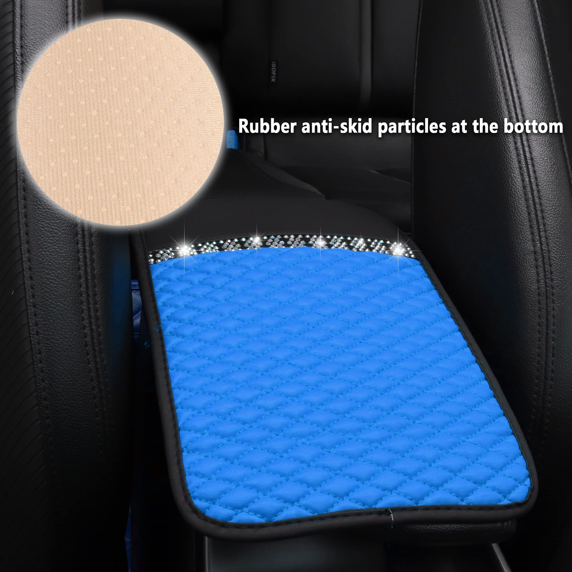 NHHC Bling Leather Car Armrest Box Cover,Car Center Console Protector with Colorful Crystal Rhinestones,Anti-Scratch Waterproof Car Armrest Seat Pad for Most Car,SUVs,Trucks (Blue)