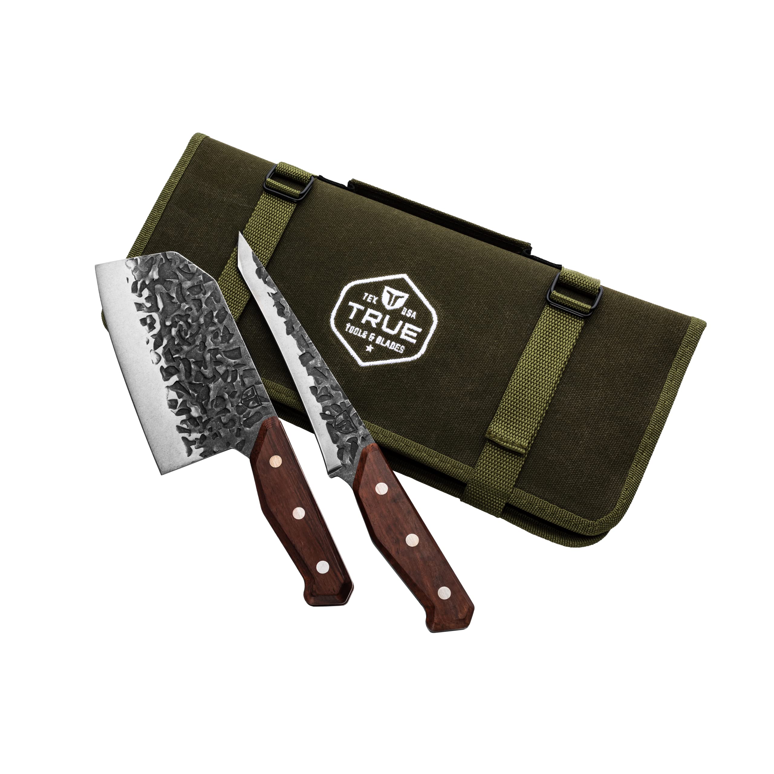 TRUE Primal Forge Knife Kit, Set Includes Two Outdoor Kitchen Prep and Carving Knives, 6.5" Chopper and 7.25" Tanto Conveniently Stored in a Waxed Canvas Roll,Silver