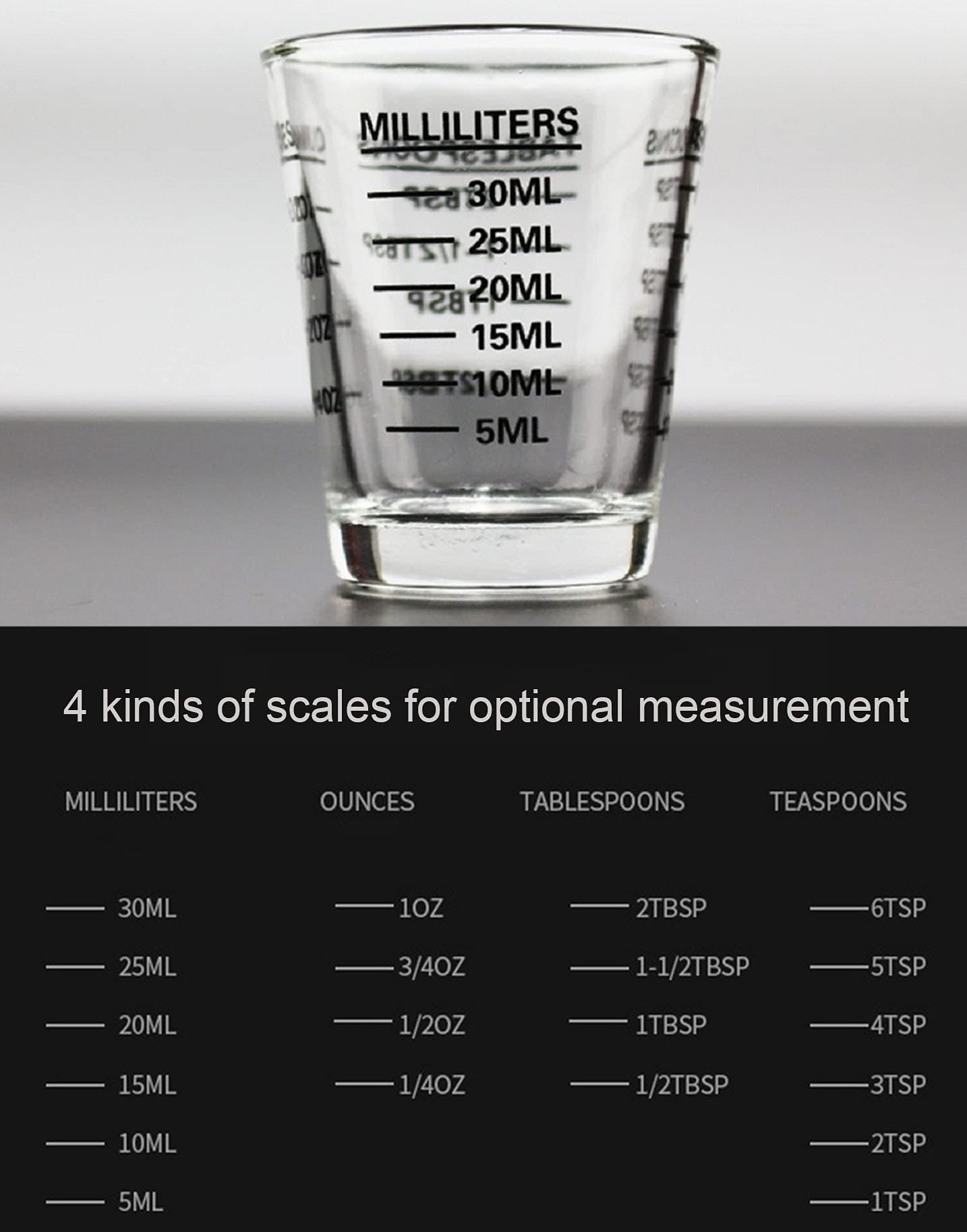 Shot Glasses Measuring cup Espresso Shot Glass Liquid Heavy Glass Wine Glass 2 Pack 26-Incremental Measurement 1oz, 6 Tsp, 2 Tbs, 30ml by TIYOORTA (2 pack black)