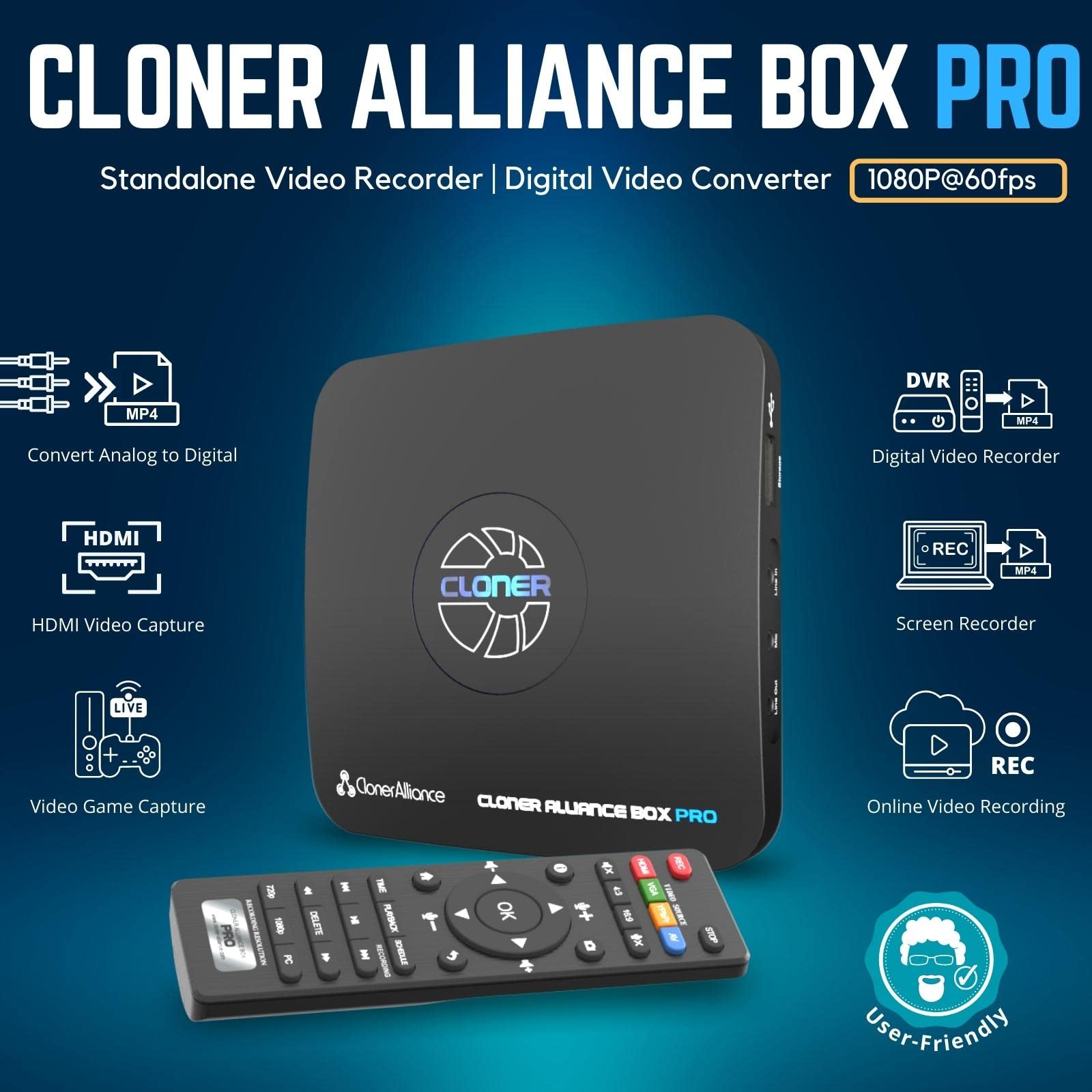 ClonerAlliance Box Pro, 1080p@60fps Video Recorder, DVR with HDMI Capture, Playback on TV. RCA/YPbPr/VGA to Digital Converter. Schedule Recording. No PC Required.