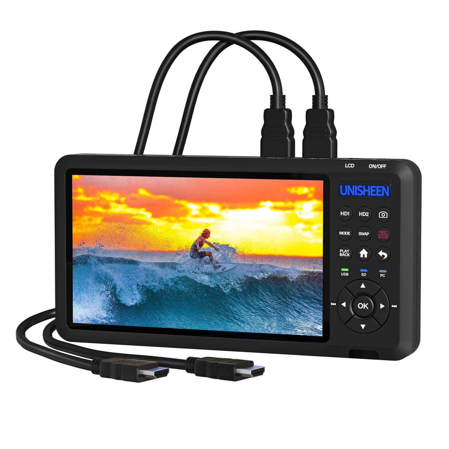 UNISHEEN HD Video Capture Box 2 Channel HDMI Picture-in-Picture Video Recorder with Screen 7 inches MP4 Support SD Card U Disk Storage 1080p 60 FPS Have USB2.0 Cable Remote Control