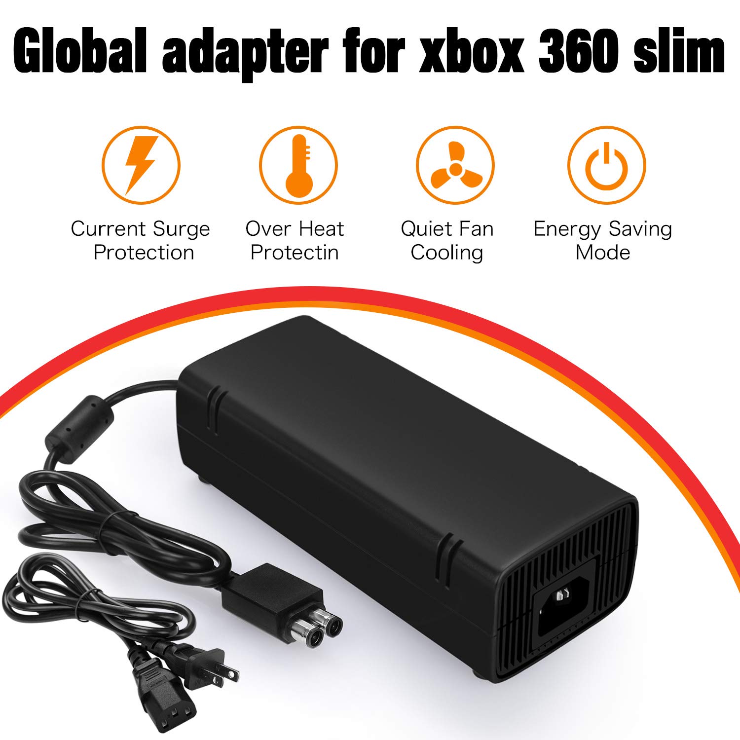 YCCTEAM AC Adapter for Xbox 360 Slim, Power Supply with Cord Replacement Charger Power Brick for Xbox 360 Slim Console Low Noise Version