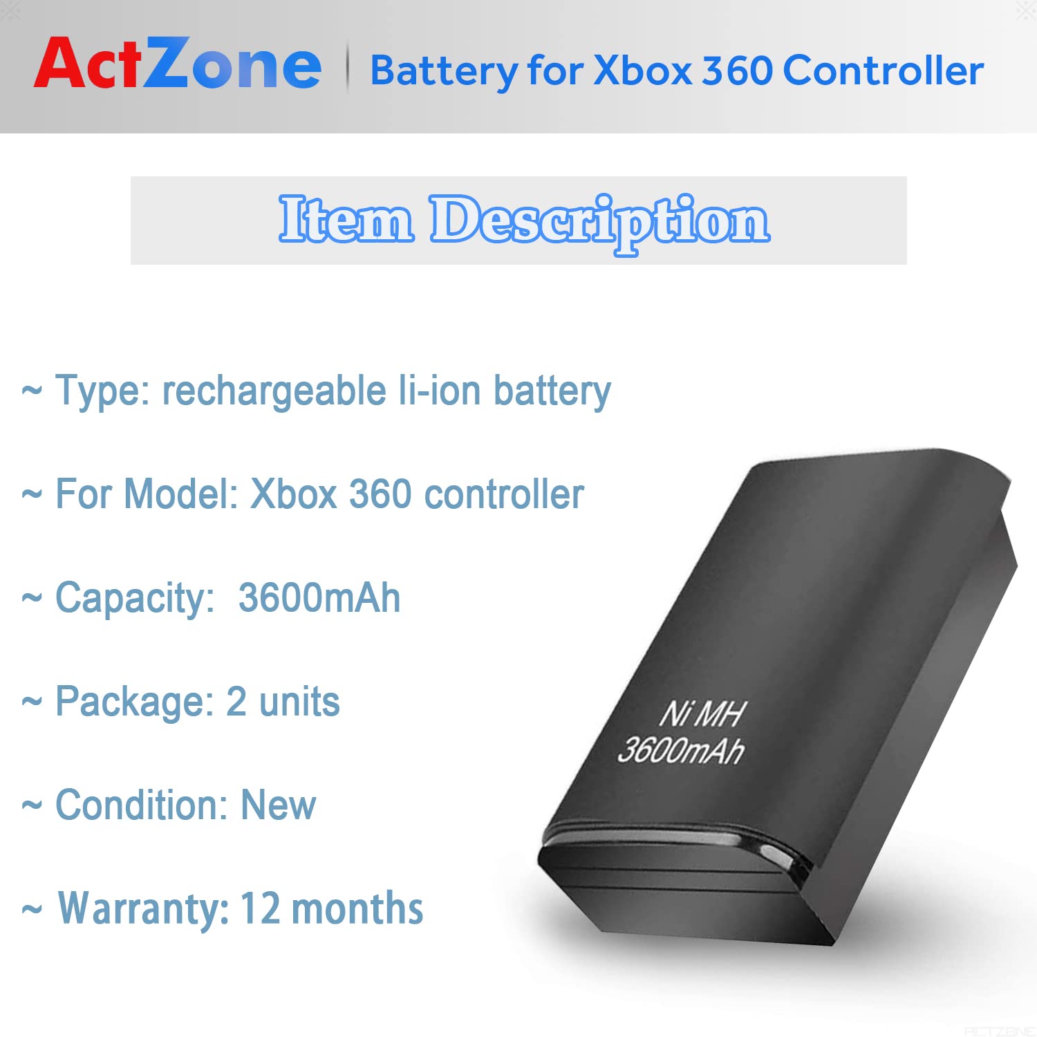 ActZone 2pcs 3600mAh Rechargeable Ni-MH Battery Replacement for Xbox 360 Wireless Controller