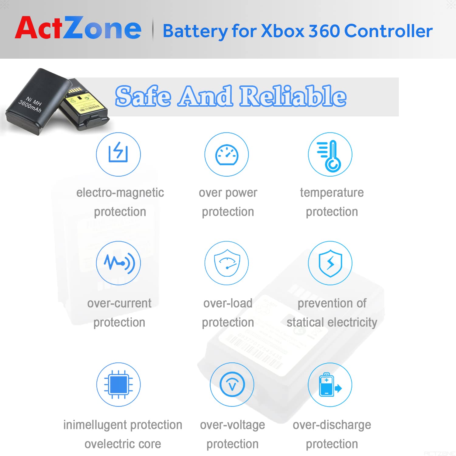 ActZone 2pcs 3600mAh Rechargeable Ni-MH Battery Replacement for Xbox 360 Wireless Controller
