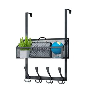 Kaiferty Hooks Organizer, Stainless Steel 12-Hook Over The Door Organizer with Mesh Basket, Bathroom Kitchen Bedroom Office Organizer (Black)