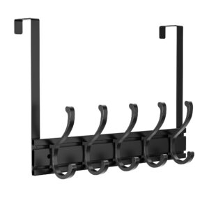 over the door hooks for hanging, black stainless sturdy clothes rack hanger for coat, towel, purse, backpack, hat, modern organizer for living room, bathroom, bedroom, dorm, 5 double-hook