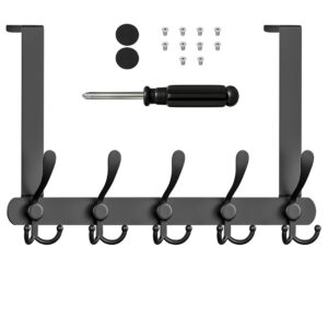 SAYONEYES Matte Black Over The Door Hooks - Heavy Duty Stainless Steel Door Hanger Holder with 5 Tri Hooks for Hanging Coat Robe Hat Bag Towel Rack Bathroom, Bedroom, Closet – 1 Pack