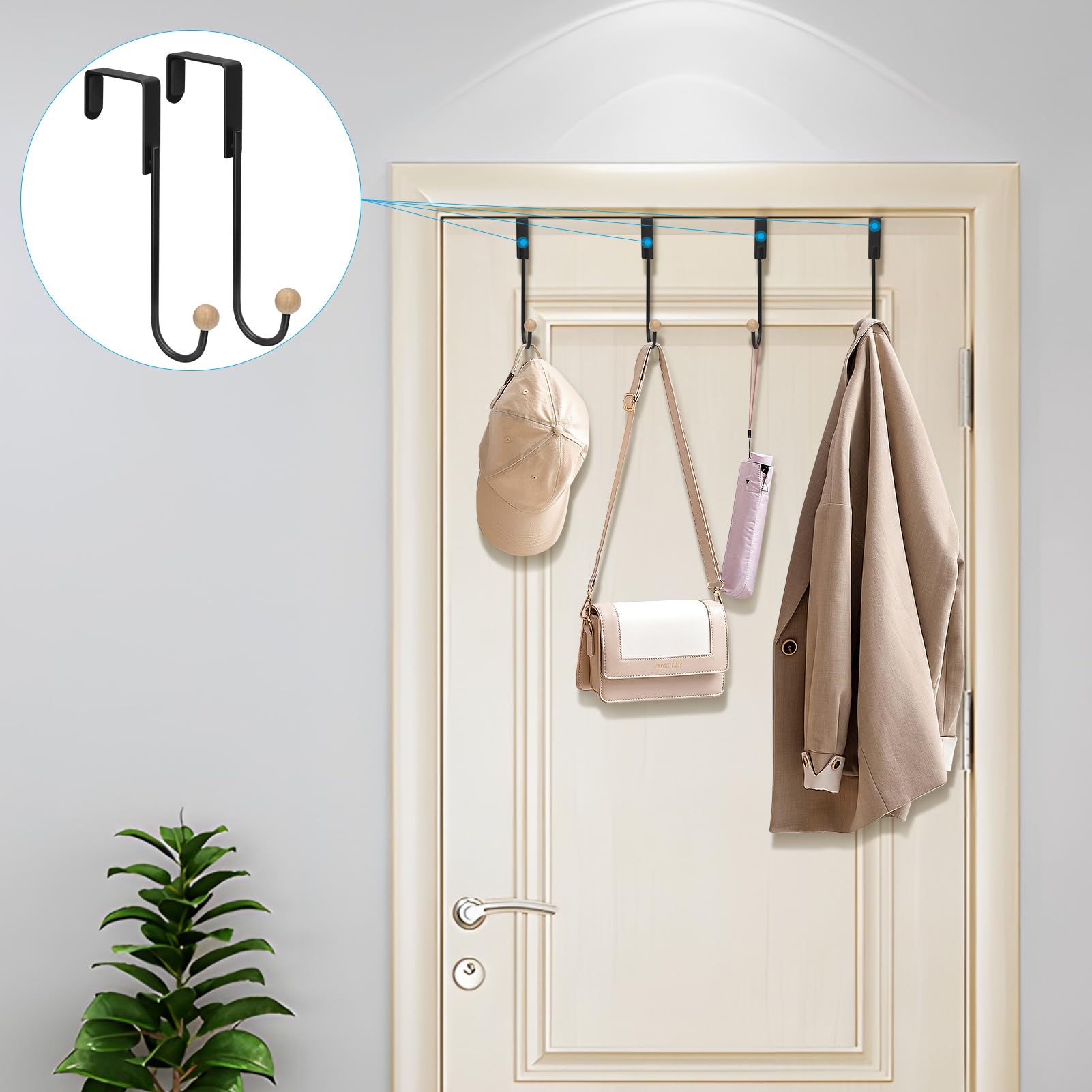 Skycase Over The Door Hooks,4 Pack Door Hangers Hooks,Heavy Duty Hook Coat Rack for Living Room, Bathroom, Bedroom, Kitchen Hanging Clothes, Towels, Hats, Coats, Bags,Black,Black