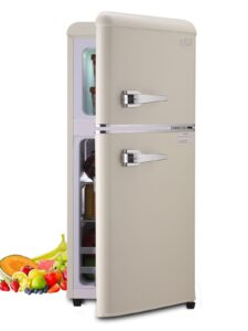 krib bling retro fridge with freezer,3.5 cu. ft refrigerator with 2 doors,7- level adjustable thermostat, removable glass shelves for bedroom, office, kitchen, apartment, dorm, cream