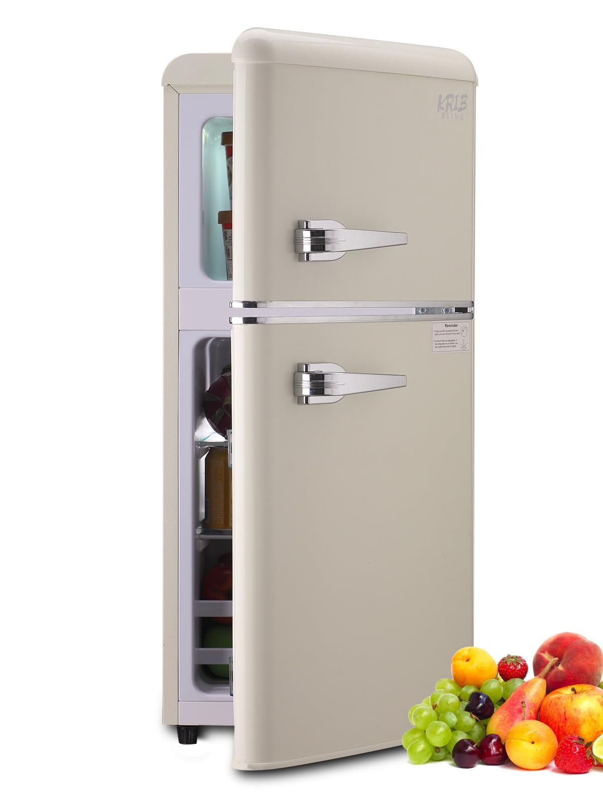KRIB BLING Retro Refrigerator with Freezer 3.5 Cu.Ft with 7 Level Adjustable Thermostat Control 2 Door Energy Saving Top-Freezer Compact Refrigerator Cream