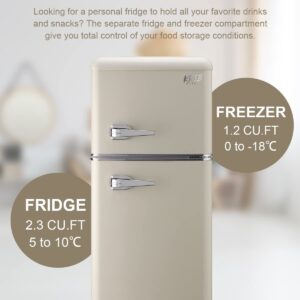 KRIB BLING Retro Refrigerator with Freezer 3.5 Cu.Ft with 7 Level Adjustable Thermostat Control 2 Door Energy Saving Top-Freezer Compact Refrigerator Cream