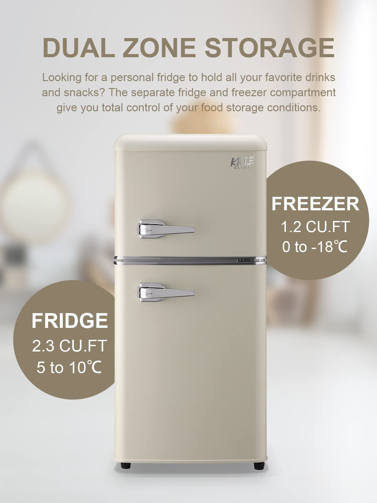 KRIB BLING Retro Refrigerator with Freezer 3.5 Cu.Ft with 7 Level Adjustable Thermostat Control 2 Door Energy Saving Top-Freezer Compact Refrigerator Cream