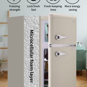 KRIB BLING Retro Refrigerator with Freezer 3.5 Cu.Ft with 7 Level Adjustable Thermostat Control 2 Door Energy Saving Top-Freezer Compact Refrigerator Cream