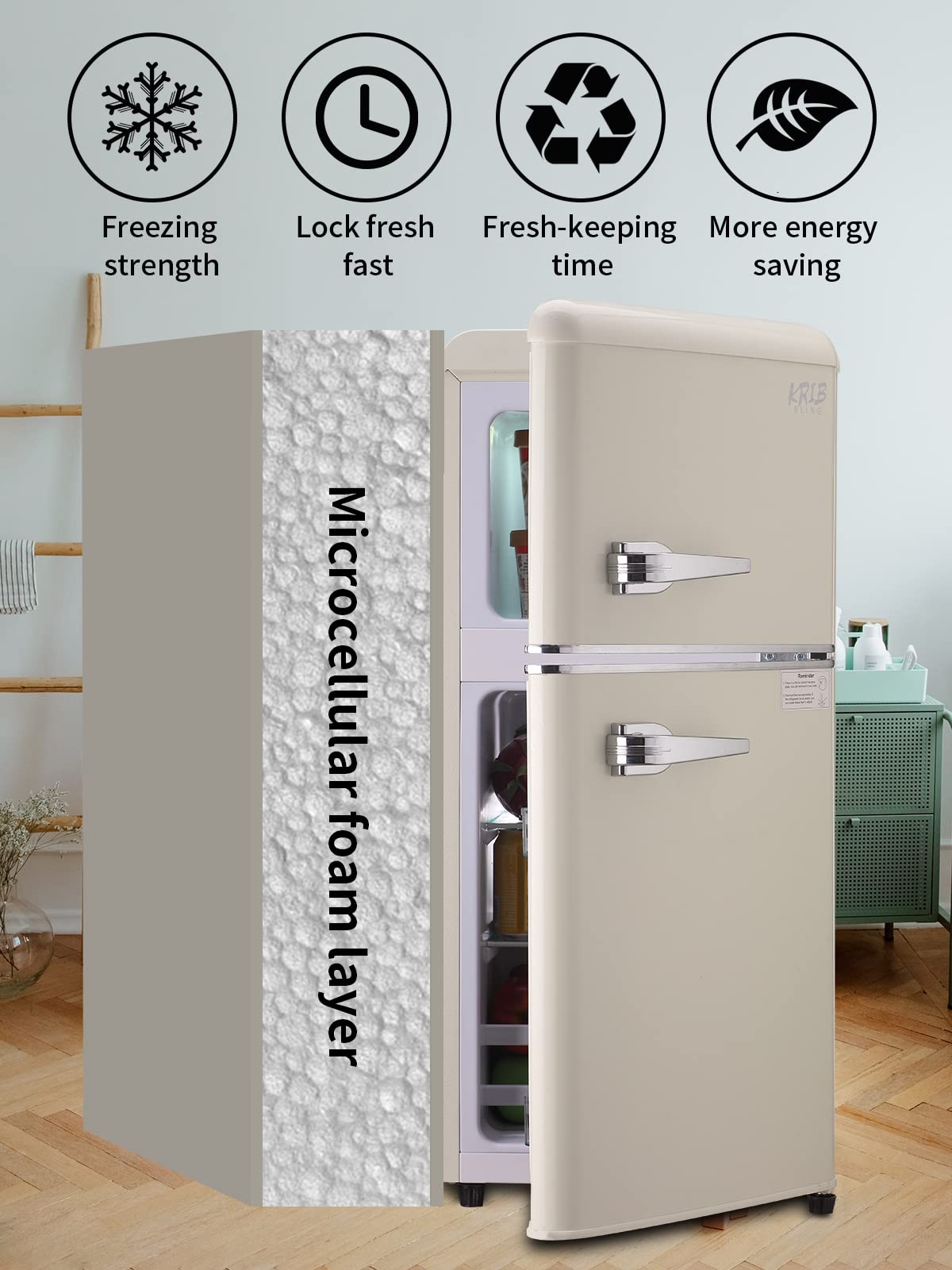 KRIB BLING Retro Refrigerator with Freezer 3.5 Cu.Ft with 7 Level Adjustable Thermostat Control 2 Door Energy Saving Top-Freezer Compact Refrigerator Cream