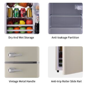 KRIB BLING Retro Refrigerator with Freezer 3.5 Cu.Ft with 7 Level Adjustable Thermostat Control 2 Door Energy Saving Top-Freezer Compact Refrigerator Cream