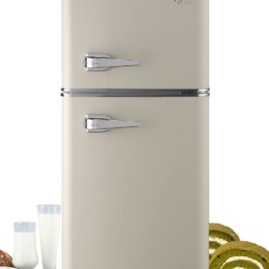 KRIB BLING 3.5 Cu.Ft Retro Refrigerator with Freezer 2 Door Energy Saving Top-Freezer Compact Refrigerator with 7 Level Adjustable Thermostat Control Cream