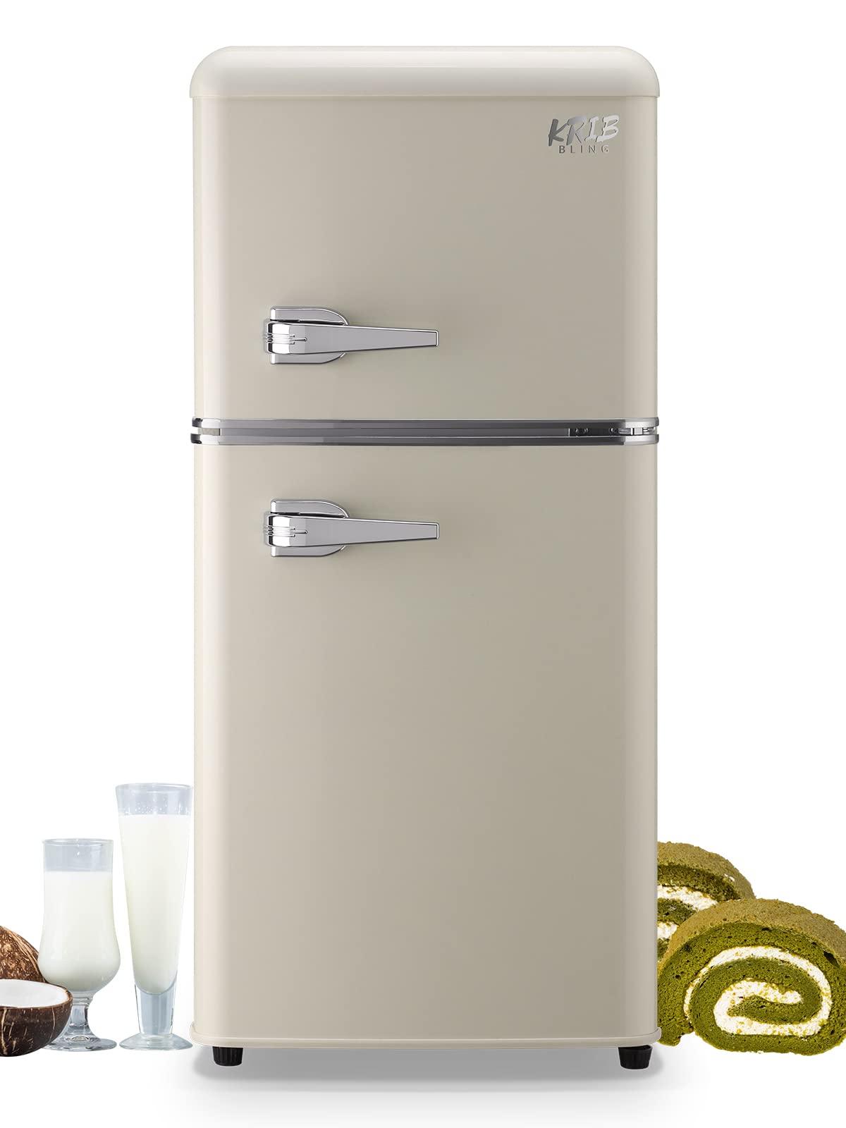 KRIB BLING 3.5 Cu.Ft Retro Refrigerator with Freezer 2 Door Energy Saving Top-Freezer Compact Refrigerator with 7 Level Adjustable Thermostat Control Cream