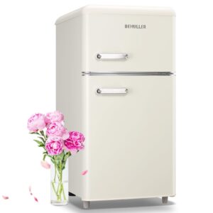 DEMULLER 3.5 Cu.ft Retro Mini Fridge with Freezer Dual Doors & Handles Compact Refrigerator with 7 Thermostat Control Freestanding Small Fridge with LED Light Cream