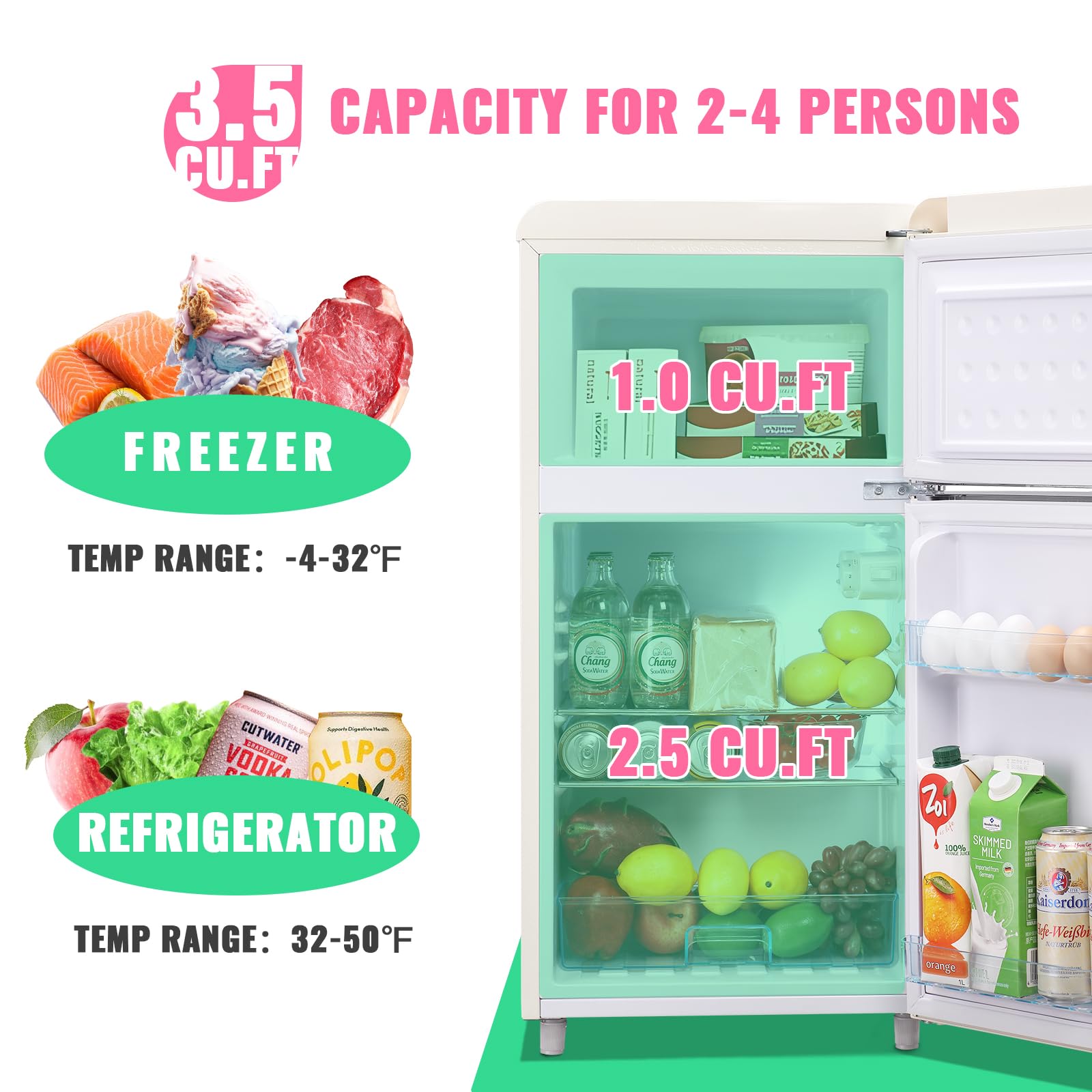 DEMULLER 3.5 Cu.ft Retro Mini Fridge with Freezer Dual Doors & Handles Compact Refrigerator with 7 Thermostat Control Freestanding Small Fridge with LED Light Cream