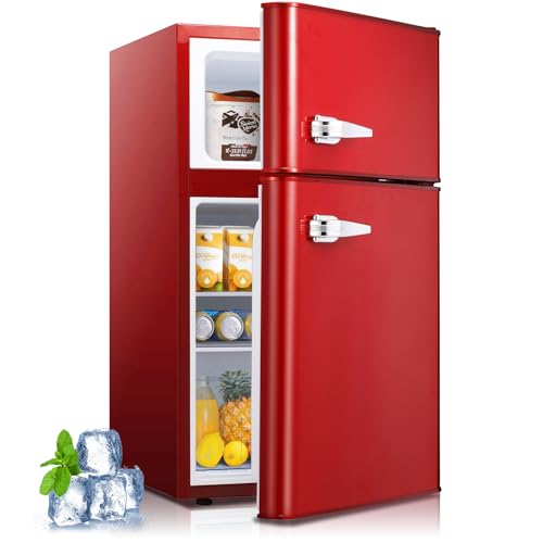 Kismile Mini fridge with freezer,3.2 Cu.Ft Compact Mini Refrigerator with Double 2 door,Adjustable Temperature,Full Size for Home,Kitchen,Dorm,Apartment,Retro Red