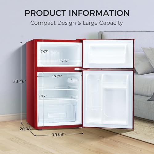 Kismile Mini fridge with freezer,3.2 Cu.Ft Compact Mini Refrigerator with Double 2 door,Adjustable Temperature,Full Size for Home,Kitchen,Dorm,Apartment,Retro Red