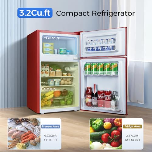 Kismile Mini fridge with freezer,3.2 Cu.Ft Compact Mini Refrigerator with Double 2 door,Adjustable Temperature,Full Size for Home,Kitchen,Dorm,Apartment,Retro Red