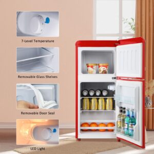 AXUTL Retro Mini Fridge Refrigerator with Freezer Bedroom Dorm Red 3.5 Cu.ft Compact Small for RV Apartment 2-Door Design