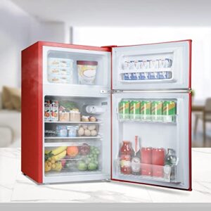 Havato 3.2 Cu.Ft Mini fridge with Freezer, Double Door Compact Refrigerator, Retro Mini Refrigerator for Dorm, Office, Bar, RV, Bedroom(Red)