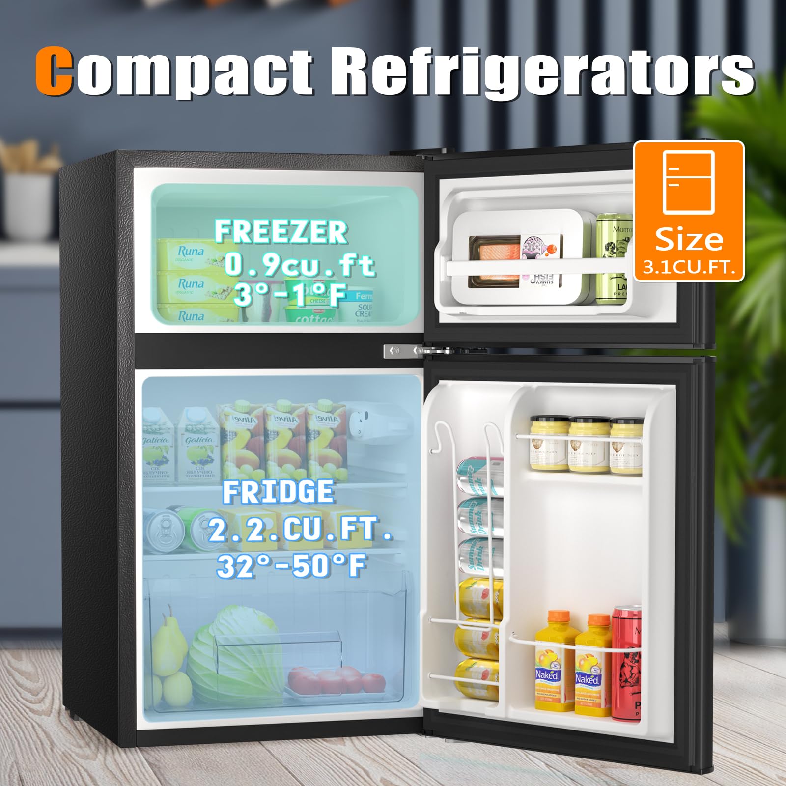 Antarctic Star Mini Fridge 3.1Cu.Ft Compact Refrigerator 2-Doors Freezer Low Noise Defrost Storage of Beverages Vegetables Fruits Kitchen Living Room Office Dormitory Black