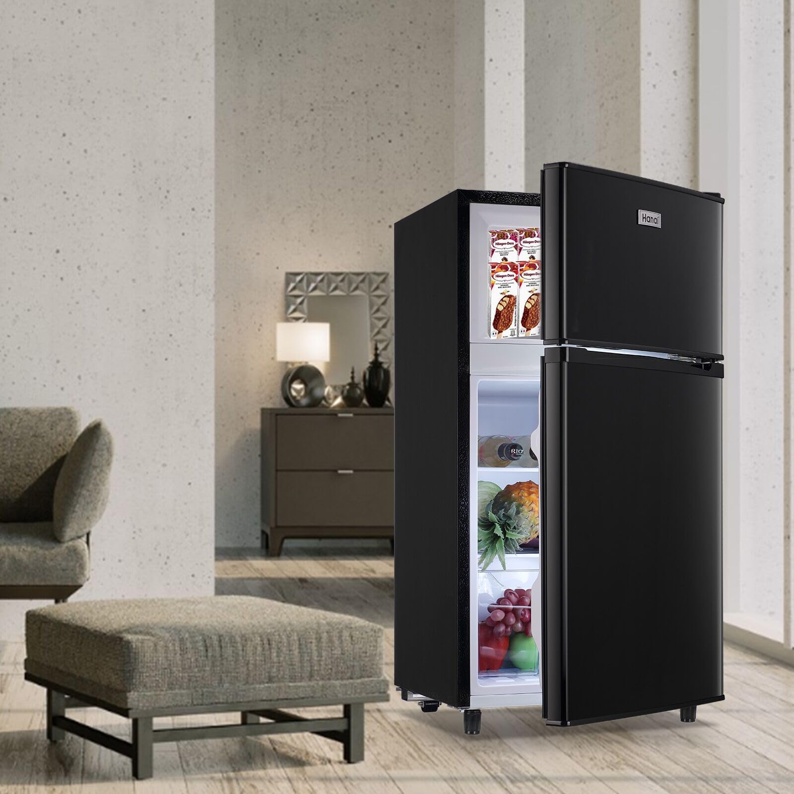 WANAI Compact Refrigerator 3.5 Cu.ft Dual Door Mini Fridge with Freezer, Small Refrigerator with 7 TEMP Modes, Energy Saving, Low Noise for Bedroom, Dorm, Office, Apartment, Black