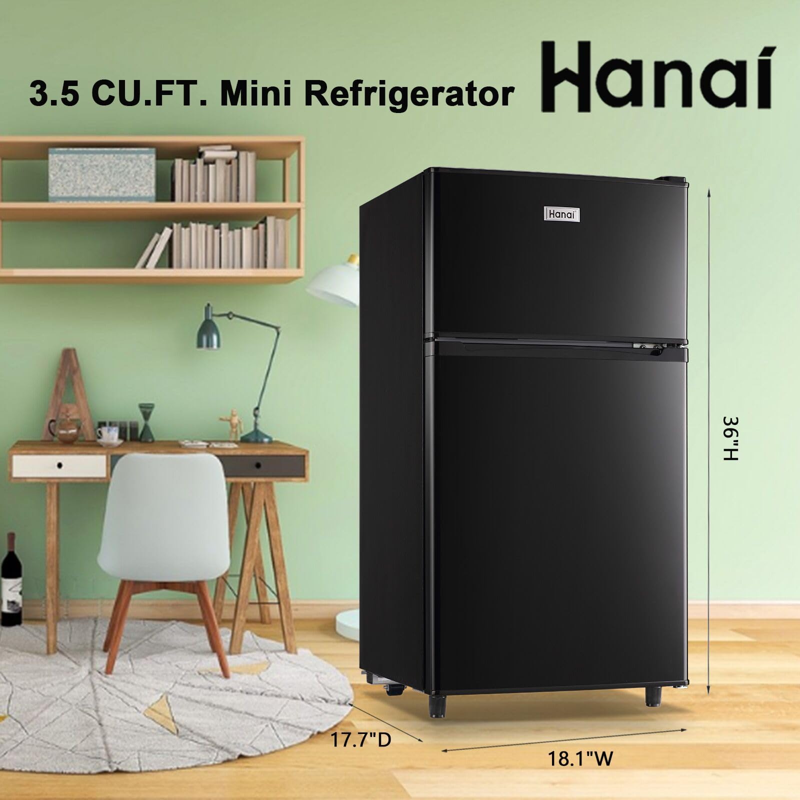 WANAI Compact Refrigerator 3.5 Cu.ft Dual Door Mini Fridge with Freezer, Small Refrigerator with 7 TEMP Modes, Energy Saving, Low Noise for Bedroom, Dorm, Office, Apartment, Black