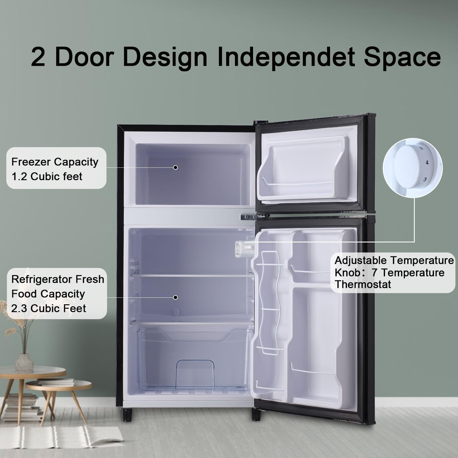 WANAI Compact Refrigerator 3.5 Cu.ft Dual Door Mini Fridge with Freezer, Small Refrigerator with 7 TEMP Modes, Energy Saving, Low Noise for Bedroom, Dorm, Office, Apartment, Black