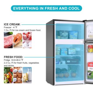 Frestec Mini Fridge with Freezer, Small Refrigerator, 2 Door Mini Fridge for Bedroom, 3.2 Cu.Ft, Low Noise, 7 Settings Temperature Adjustable Control (Stainless Steel)